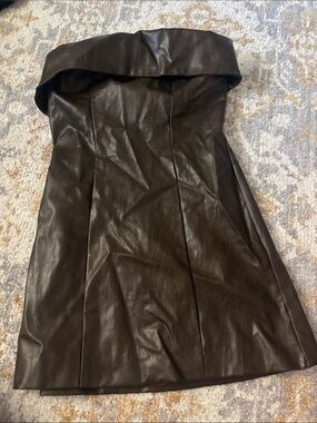 Aritzia Strapless Faux Leather Mini Dress in Dark Brown